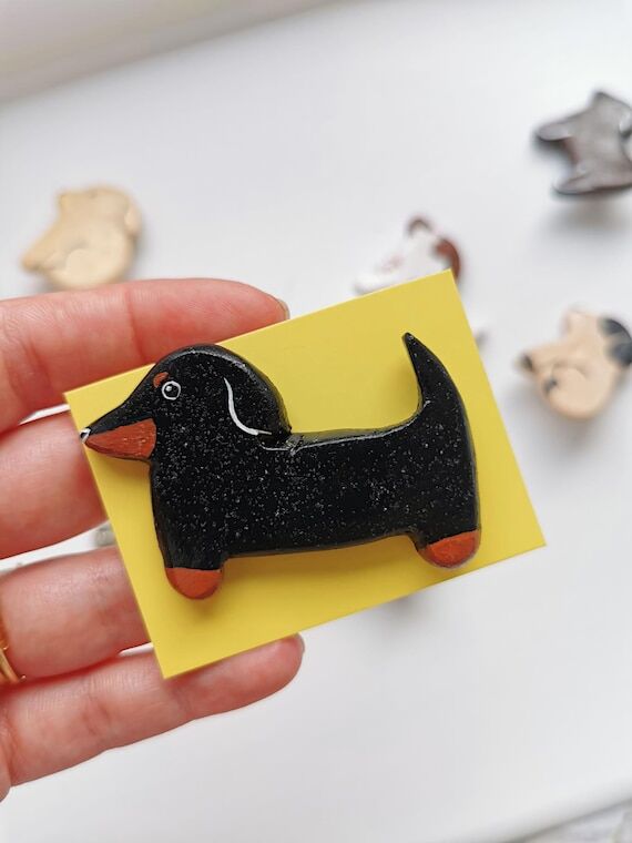 Handmade Dog Pin Badge | Ceramic Dachshund Br...