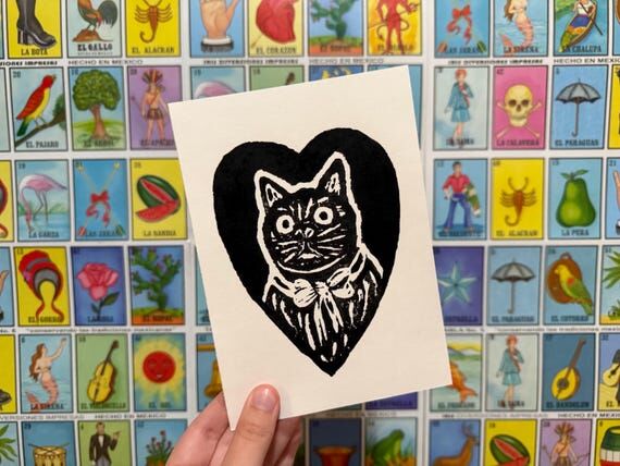 Black Cat Linocut Print: Gothic Witchy Decor,...