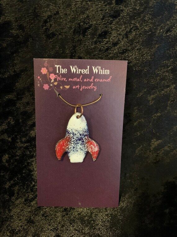 Rocket ship outer space enameled pendant hand...