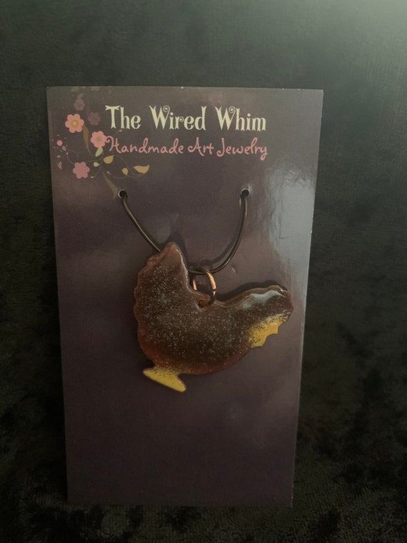 Brown chicken enameled pendant handmade art a...
