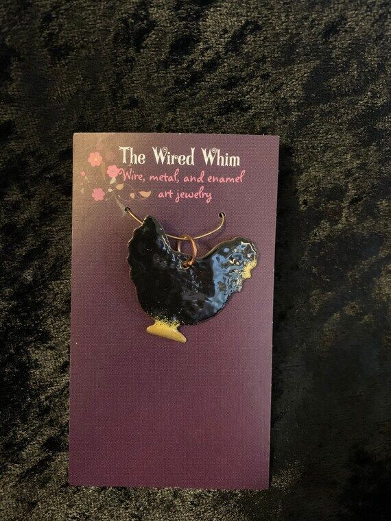 Black chicken enameled pendant handmade art a...