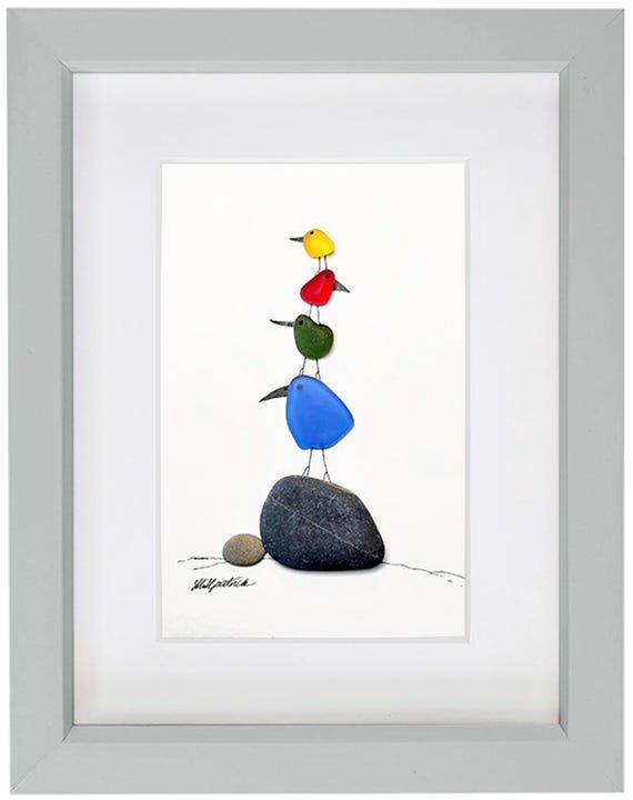 Bird Stack - Sea Glass Picture - Framed Handm...