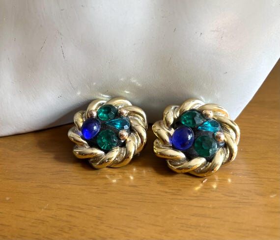 Gold Tone Metal Blue Green Crystals Round Vin...
