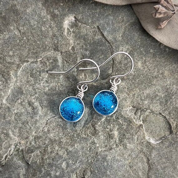 Turquoise Blue Art Glass Earrings: Sterling S...