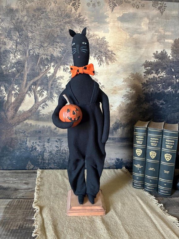 Primitive Black Cat Halloween Decor, Handmade...