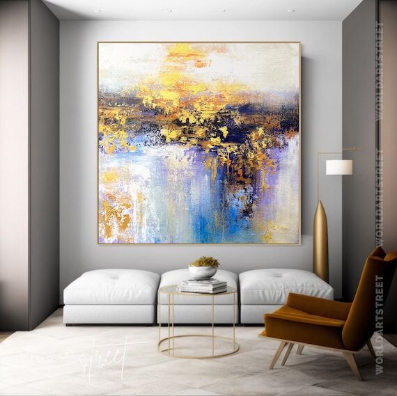 Gold Blue Abstract Landscape Painting, Modern...