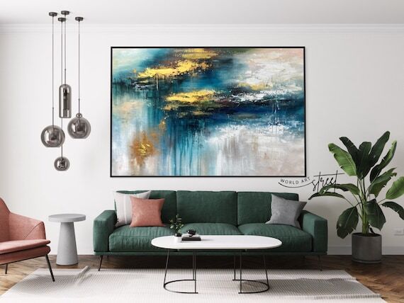 Blue & Gold Abstract Painting: Large Textured...