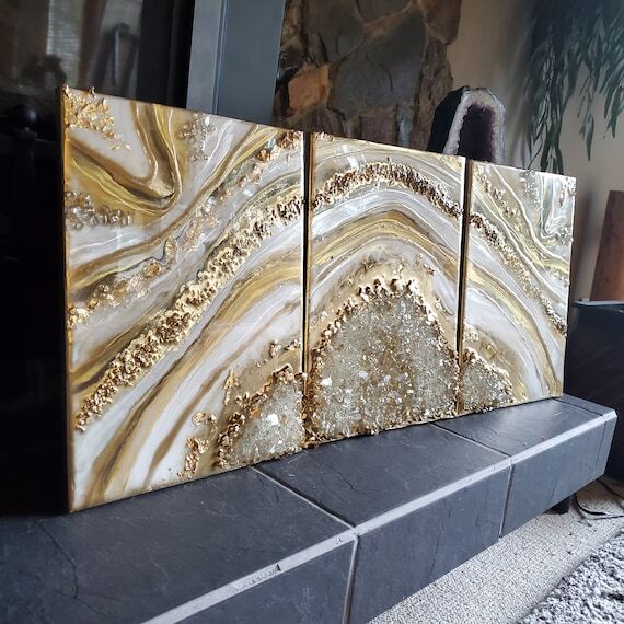 Gold Geode Resin Art: Modern Triptych Canvas ...