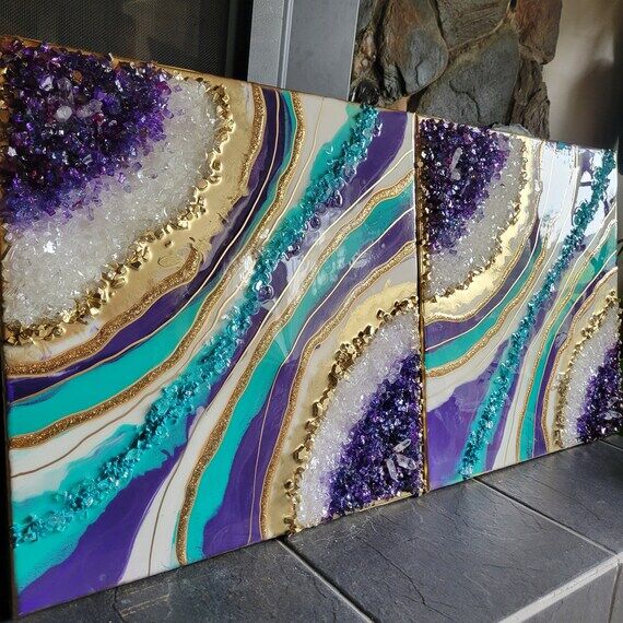 Purple Teal Resin Geode Wall Art: 24k Gold c...
