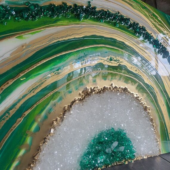 Emerald Green Resin Geode Painting: Gold Acce...