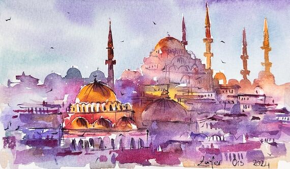 Istanbul Mosque Watercolor Painting: Original...