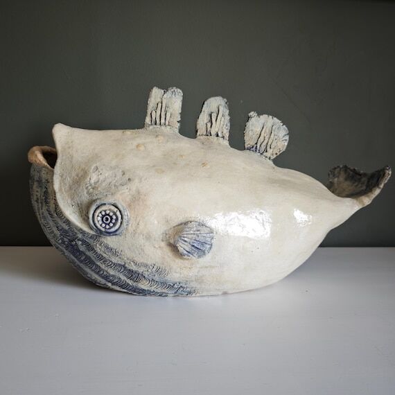 Hand-modeled Ceramic Fish Sculpture, Off-Whit...