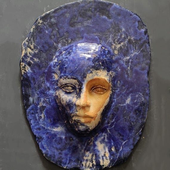 Blue Ceramic Face Sculpture, Handmade Wall Ar...