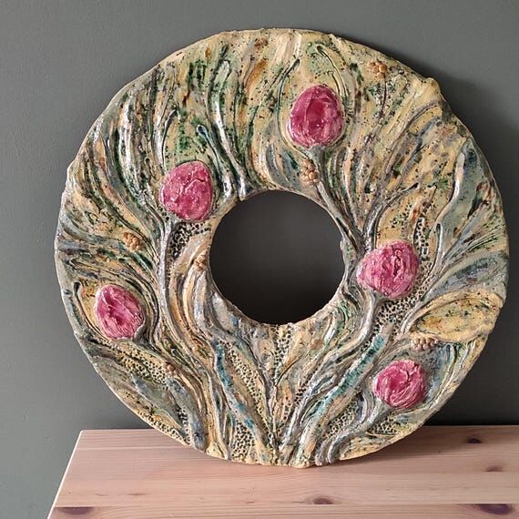Hand-Carved Ceramic Wreath, Art Nouveau Flora...