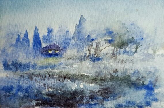 Foggy Morning Landscape Watercolor Painting, ...