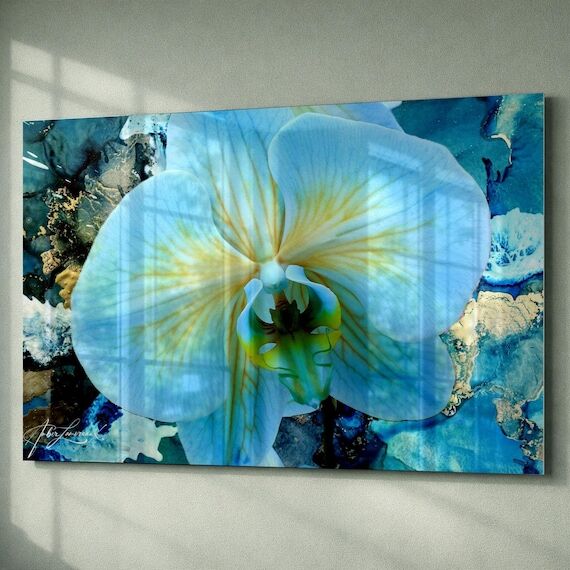Original Glass Wall Art 'Blue Orchid Fantasy'...