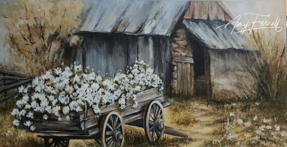 Farmhouse Barn Painting: Vintage Wagon with W...