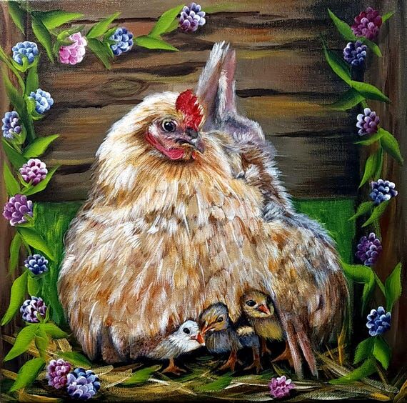 Print, Momma hen, chicken art, baby chick art...