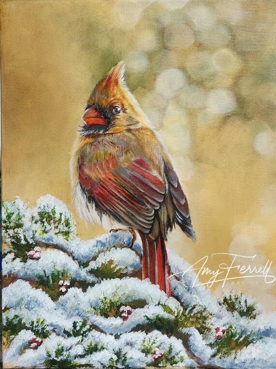 Cardinal Painting: Winter Bird on Snowy Branc...