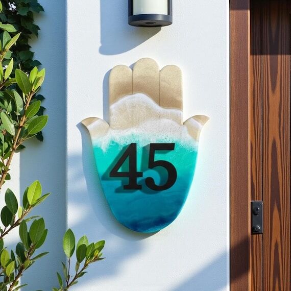 Hamsa Hand House Number Plaque – Handmade R...
