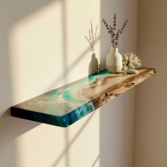 Resin Ocean Wave Oak Floating Shelf, Coastal ...
