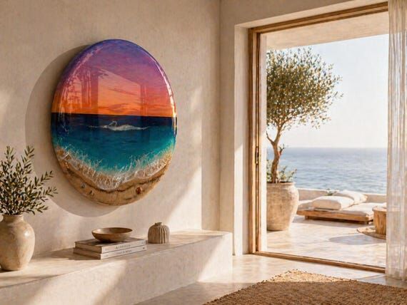 Sunset Ocean Resin Wall Art Round – 3D Coas...
