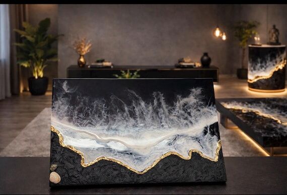 Sold out, Black Ocean Waves Resin Wall Art, G...