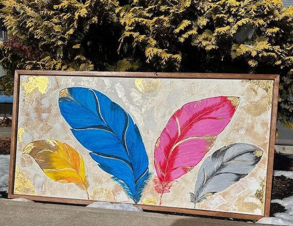 Handmade Textured Feather Canvas Art, Colorfu...