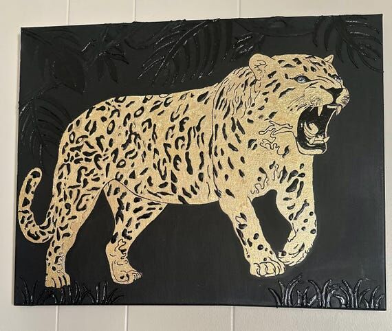 Handmade Golden Leopard Painting | Black & Go...