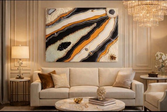 Luxury geode Resin WallArt | Black White Gold...