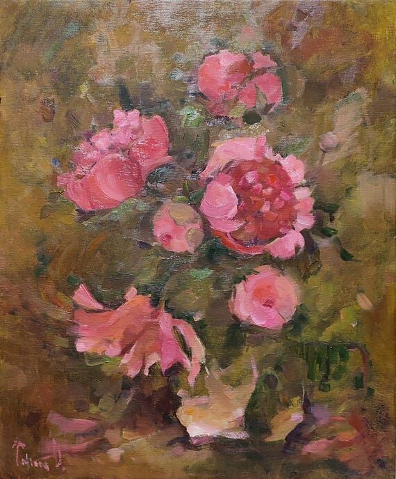 Original Oil Painting Peony Bouquet Cottageco...