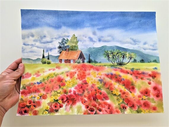 Spring Poppy Flowers Field Original Watercolo...