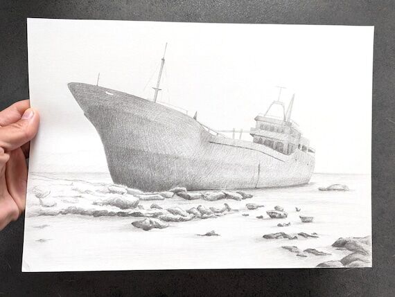Old Ship Graphite Pencil Drawing Original Han...