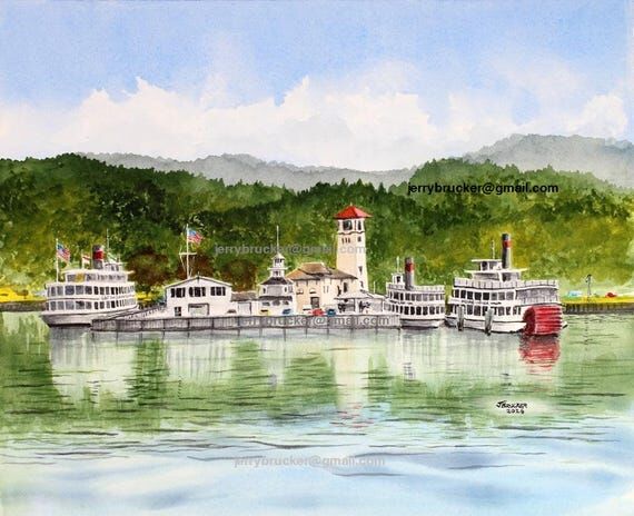 Lake George Steamboats Painting At the Dock. ...