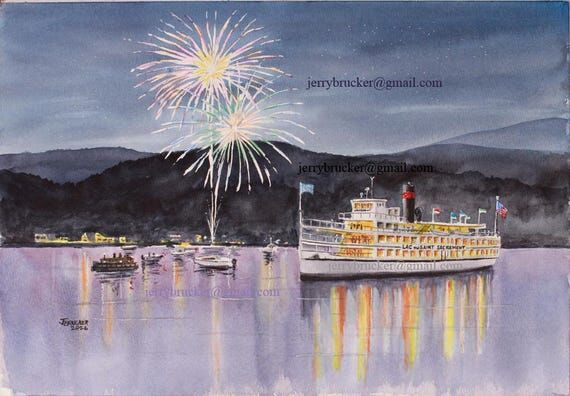 Lake George Fireworks Painting SteamShip Lac ...