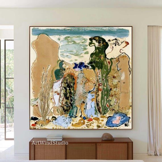 Organic Abstract Wall Art Green Beige Landsca...