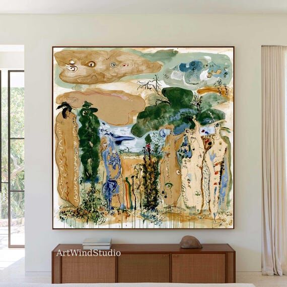 Abstract Landscape Oil Painting Green Beige T...