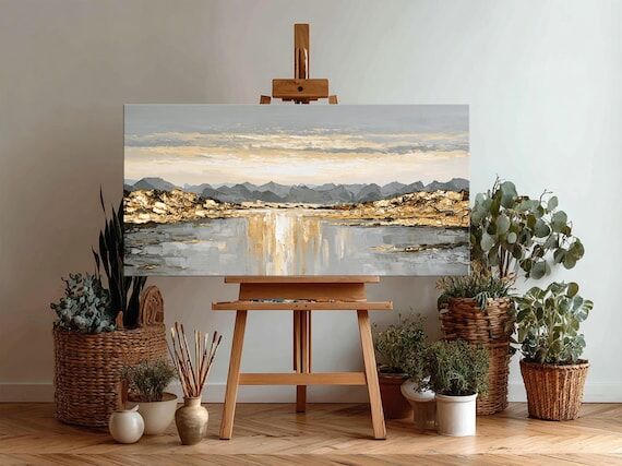 Mountain Landscape Wall Art Textured Gold Gra...