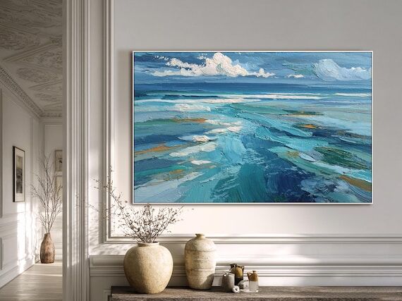 Abstract Ocean Oil Painting Blue Coastal Wall...