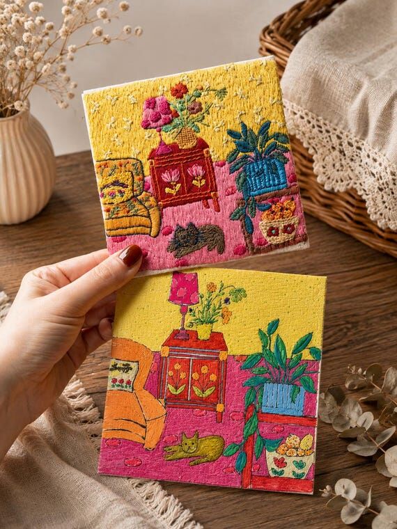 Cozy Home Embroidery Kit, DIY Cat Embroidery ...