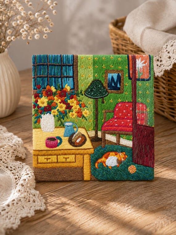 DIY Cozy Cat Embroidery Kit – Living Room N...