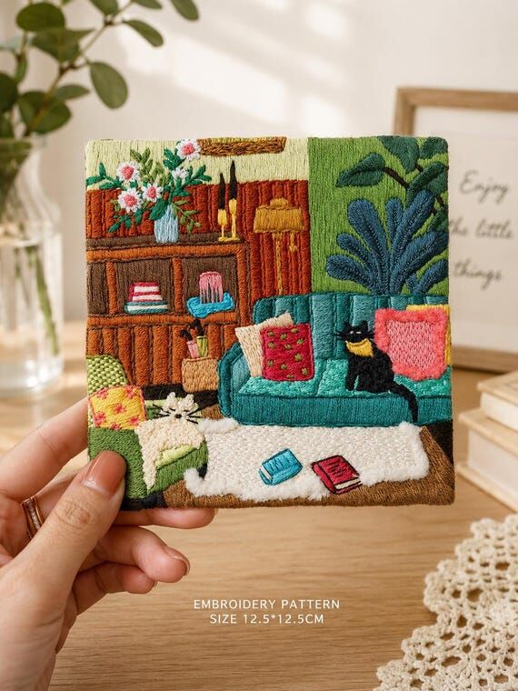 Cozy Living Room Cat Embroidery Kit, Beginner...