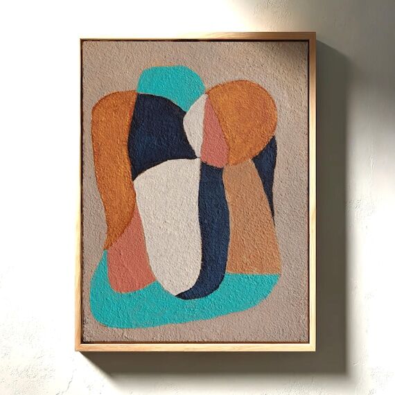 Mid Century Modern Teal Orange Geometric Abst...