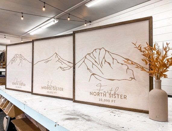 Three Sisters Mountain engraved Birch Wall Ar...