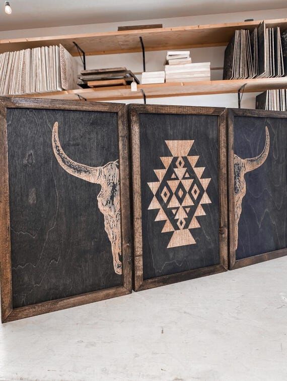 Steer Skull & Aztec Wall Art Set | Boho Wall ...