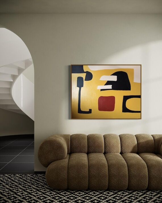 Yellow Abstract Organic Shapes Painting Moder...