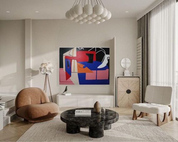 Large Cobalt Blue Abstract Painting Geometric...