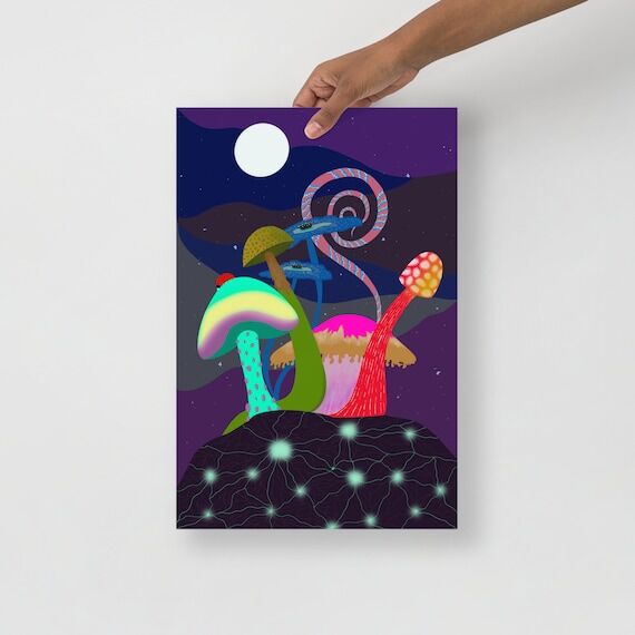 Night Mushroom Art Print: Psychedelic Dark Th...