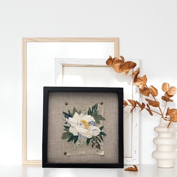 Textile Floral Wall Art Hand Stitched Peony F...