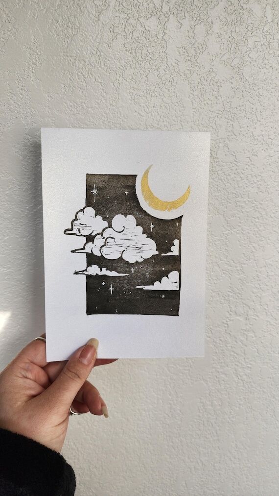 Sweet Dreams Lino Print: Moon & Clouds with G...